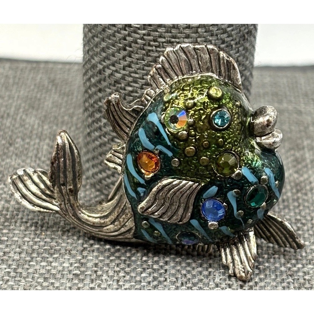 VTG Chico's Enamel Rhinestone Fish Brooch Multicolor Crystal Silver Tone Y2K